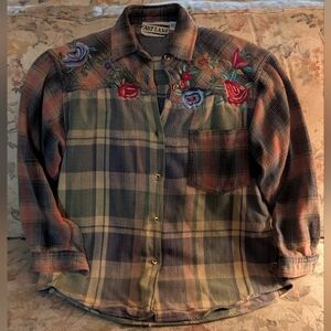 Embroidered Plaid Button-Up Shirt in Green and Pink